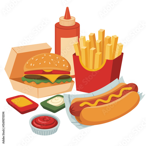 Classic american fast food meal with burger fries hot dog and condiments