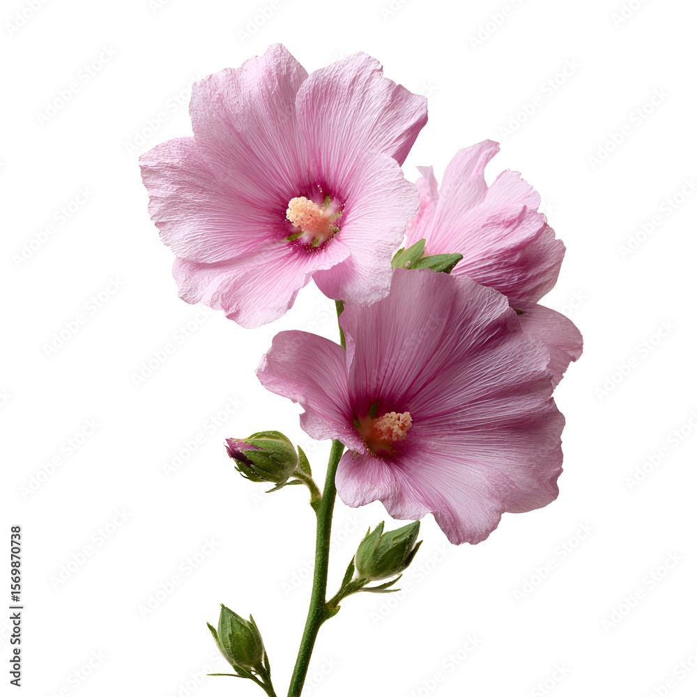 Fototapeta premium Delicate Pink Hollyhocks Blooming Dark Background