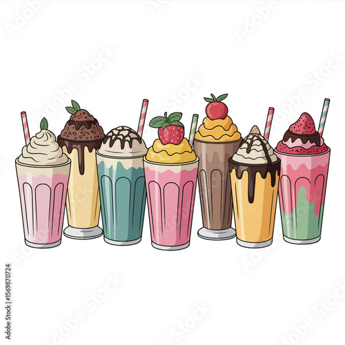 Collection of delicious milkshakes with whipped cream and fruit toppings