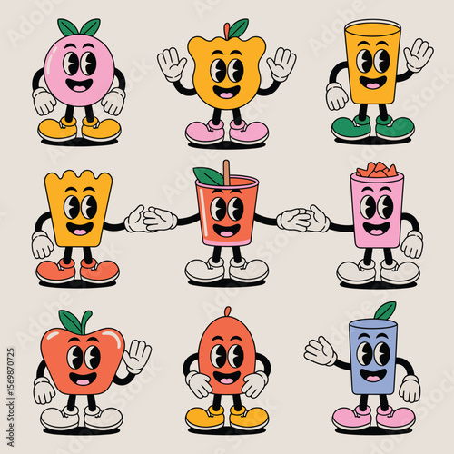 Retro cartoon characters of fruit and drinks waving hello