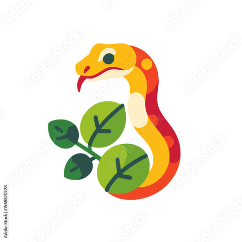Colorful Cartoon Snake Illustration-Cute Snake with Red Tongue and Green Leaves-Modern Snake Graphic Design for Kids-Vibrant Reptile Art