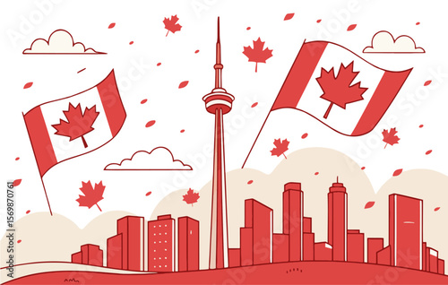 Canadian Skyline: A vibrant illustration of the Canadian skyline featuring iconic landmarks, flags, and maple leaves, evoking a sense of national pride and scenic beauty. 