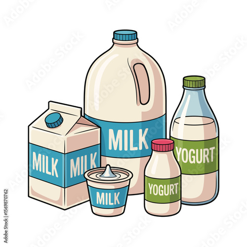 Collection of dairy products including milk cartons jugs and yogurt cups and bottles
