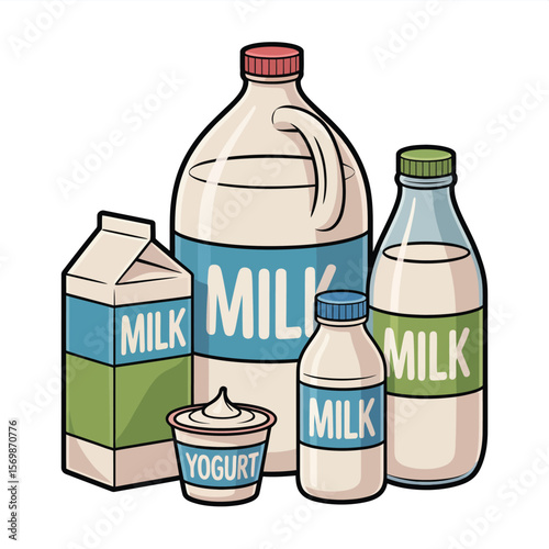 Collection of milk cartons bottles and yogurt cup on white background