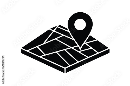 Isometric map with a location pin marker pointer silhouette
