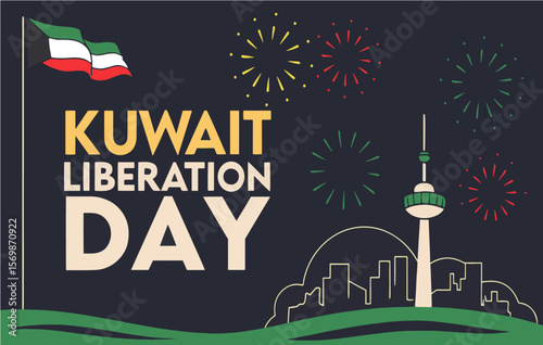 Kuwait Liberation Day Celebration: A vibrant display of Kuwait's Liberation Day, illustrated with national flag and festive fireworks, celebrating a pivotal moment in the nation's history.