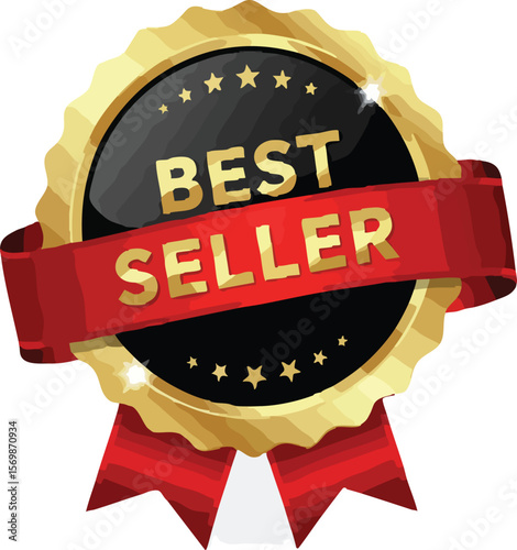 Luxurious "Best Seller" golden badge with stars and red ribbon, perfect for highlighting top-rated products.

