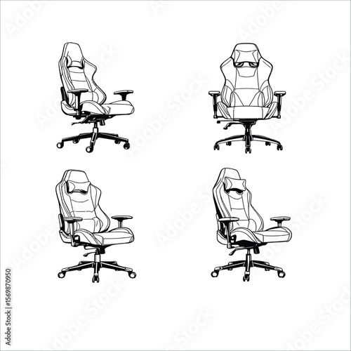 Ergonomic Chair Views Icons  A Vector Set Featuring Front, Side, and Back Silhouettes of a Gaming or Office Chair with Armrests and Casters