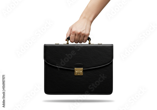 A person holding a black leather briefcase with a gold latch against a white background studio shot