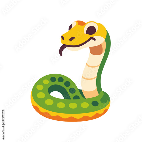 Cute Cartoon Snake Illustration-Green and Yellow Snake Character with Tongue Out-Adorable Snake for Kids and Educational Resources-Reptile Clipart Image