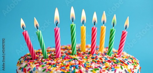 Ten colorful candles atop a sprinkle-laden birthday cake, blue background,  cream,  yummy