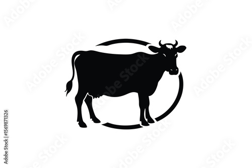 Black silhouette of a cow standing inside a circular frame on white background