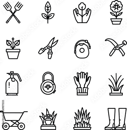 Gardening Tools & Care Icons  A Vector Grid Featuring Forks, Gloves, Potted Plants, Watering Cans, Sprays, and Planting Hands