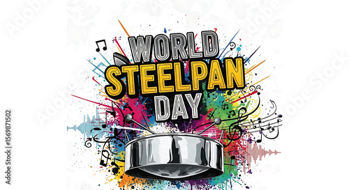Colorful graphic design celebrating World Steelpan Day, featuring musical notes and a steelpan drum.