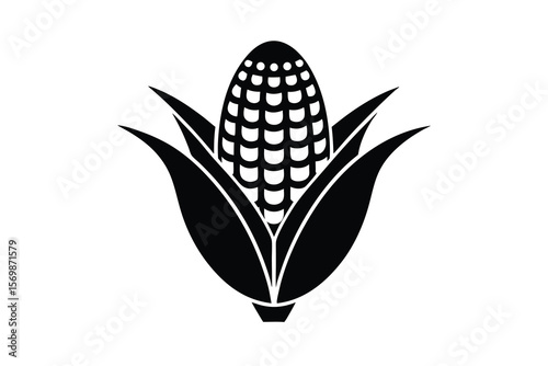 Stylized black silhouette of a ripe corn cob with green leaves