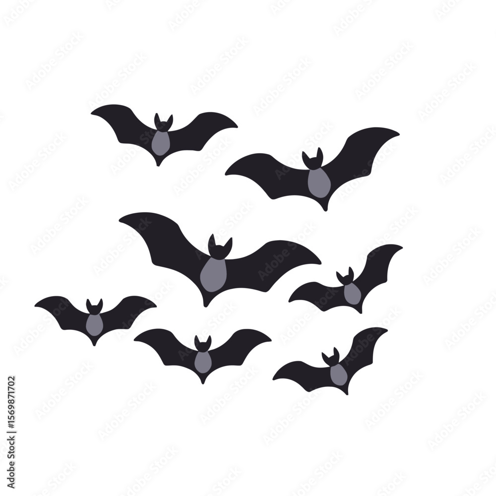 Naklejka premium Halloween Bats Illustration-Spooky Flying Bats Clip Art-Cute Halloween Graphic-Black Bats on White Background-Perfect for Halloween Decor & Crafts