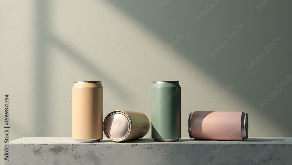 Naklejka premium Elegant Display of Matte Aluminum Cans in Earthy Tones, Perfect for Modern Product Mockups and Sophisticated Design Compositions