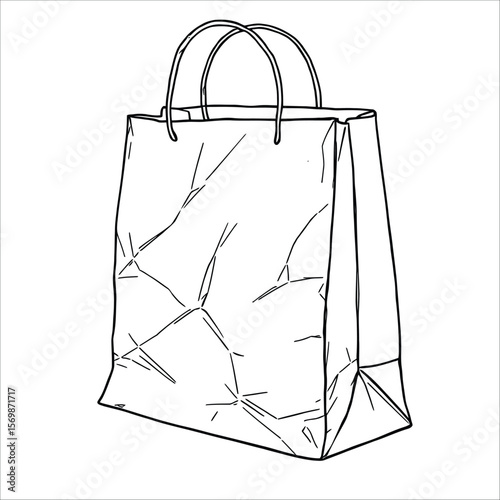 Paper Bag Silhouette Icon  A Vector Depiction of a Wrinkled Shopping Bag with Handles, Symbolizing Simplicity, Utility, and Texture