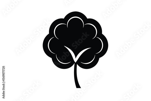 Stylized black silhouette of a cotton boll on a white background