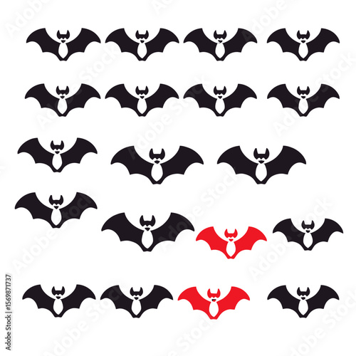Halloween Bats Vector Pattern - Cute Black and Red Bat Silhouettes on White Background - Spooky Season Decor - Festive Fall Design Elements
