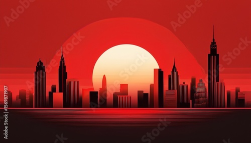 red sunrise over stylized cityscape minimalist art