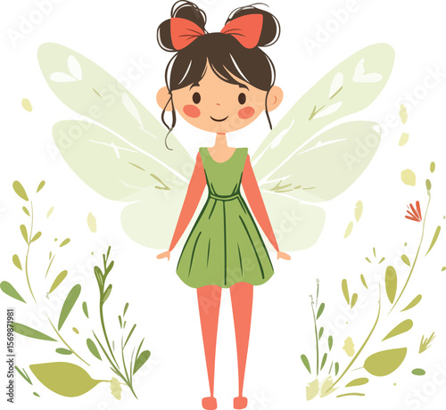 Cute Cartoon Fairy Girl with Wings and Floral Elements Illustration