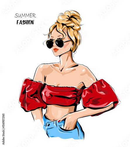 Hand drawn beautiful young woman in sunglasses. Fashion blond hair woman. Stylish girl. Pretty woman fashion look. Vector illustration.