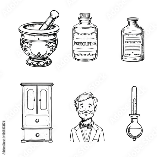 Pharmaceutical Essentials Icons  A Vector Set Featuring Mortar & Pestle, Thermometer, Bottles, Cabinet, and Dispenser in Medical Silhouette