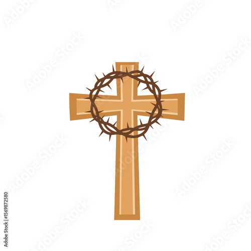 Cross with a crown of thorns, stylized Christian symbol, vector image isolated on transparent background