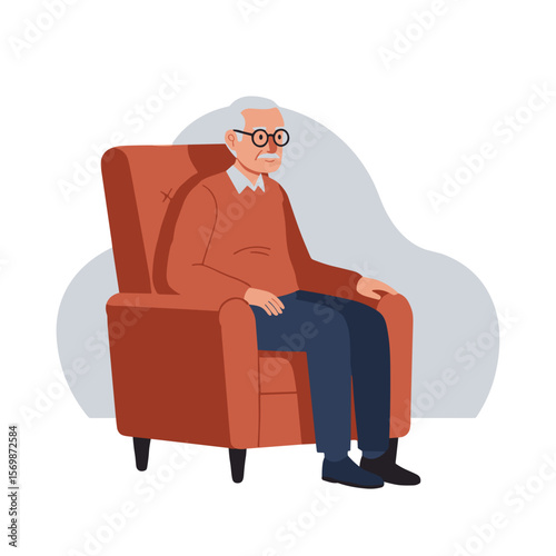 elderly man with glasses sits on armchair with armrests, vector image isolated on transparent background