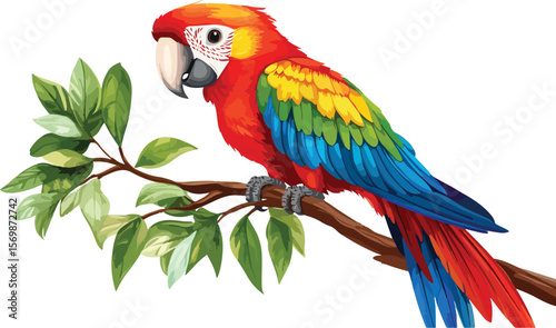 Vibrant Scarlet Macaw Perched on a Branch with Green Leaves Illustration