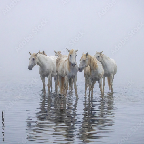 Photography White horses of the Camargue on the beach