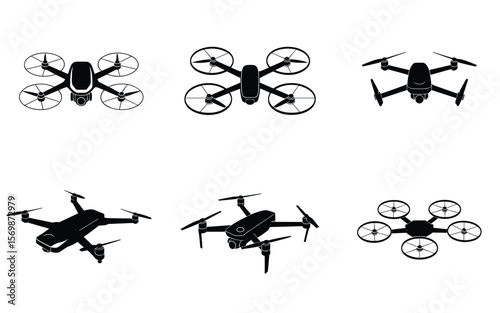 Drone Icon Collection – Quadcopters and Hexacopters in Black Silhouette Style