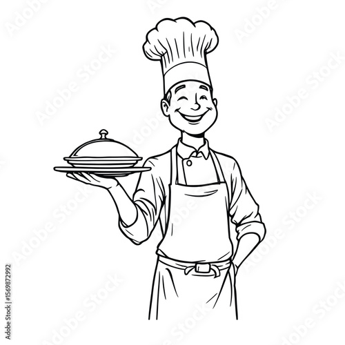 Chef in Service Icon  A Vector Silhouette Depicting a Smiling Cook with Tray in Hand, Symbolizing Hospitality, Cooking, and Culinary Delight
