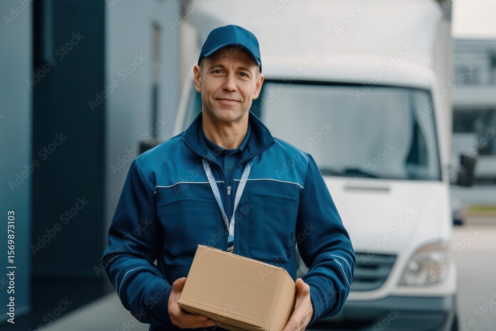 smiling delivery person in a blue uniform holds a box. A white van is visible in the background smiling delivery person in a blue uniform holds a box. A white van is visible in the background