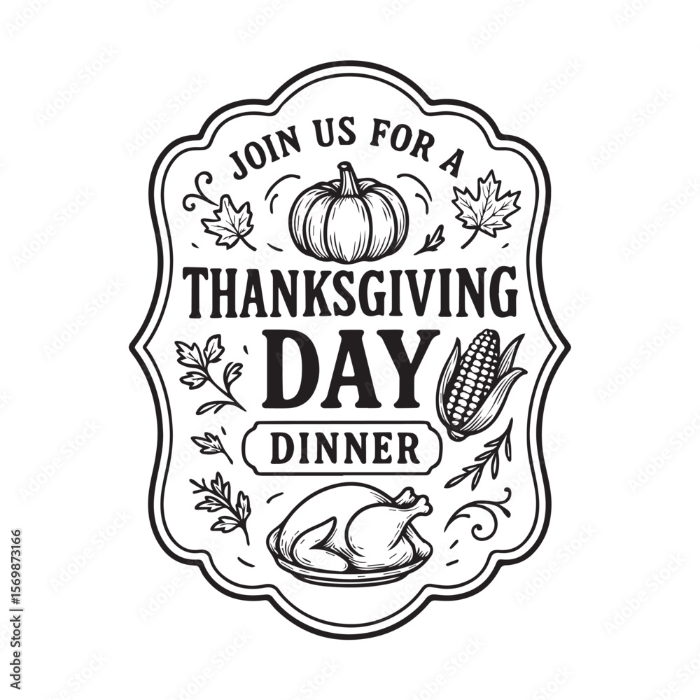 Fototapeta premium Thanksgiving Day Black And White Invitation Label Design