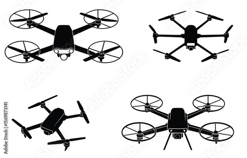 Drone Icon Collection – Quadcopters and Hexacopters in Black Silhouette Style