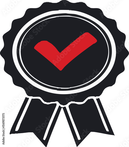 Verified success: A bold red checkmark against a stark black seal, signifying validation, completion, and quality.

