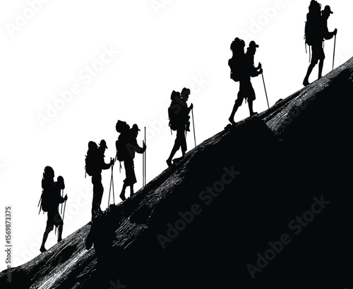Hiking team silhouette graphic design portrays adventure, expedition, and trekking themes for logos, backgrounds, and recreational projects