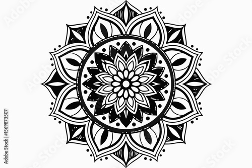 Black and white mandala with intricate floral pattern