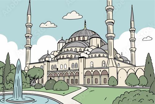 Cartoon illustration of a large mosque with minarets and domes
