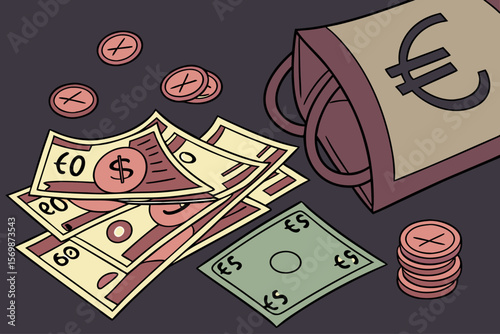 Cartoon money bag spilling euro and dollar bills and coins