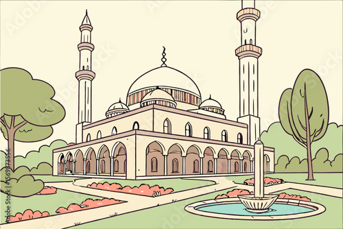 Cartoon mosque with minarets and domes in park Islamic architecture