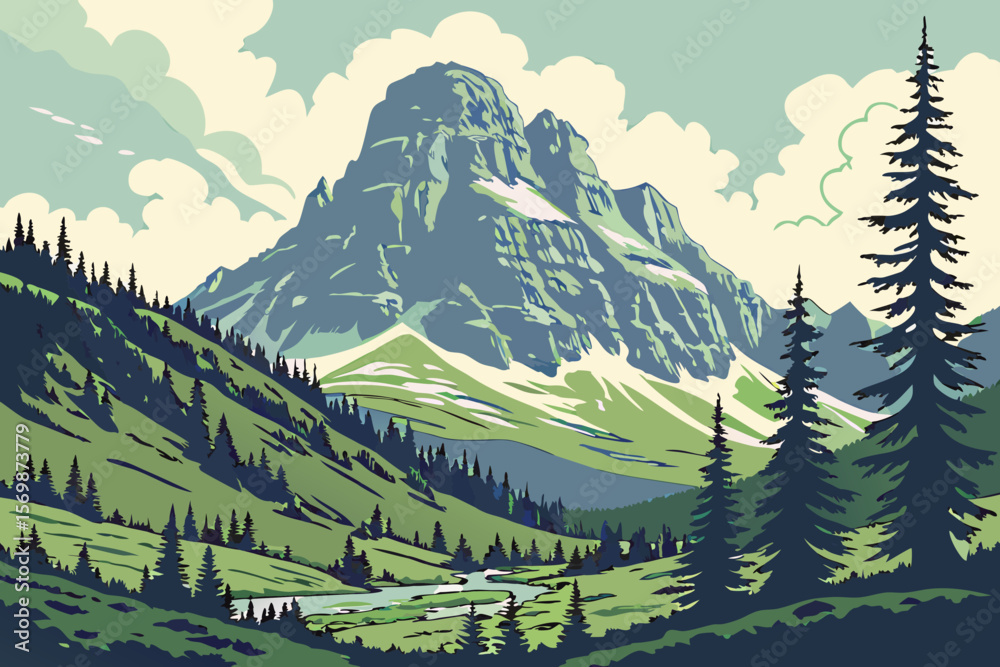 Fototapeta premium Majestic mountain range with winding river and pine trees