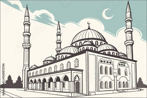 Islamic mosque with multiple domes and tall minarets
