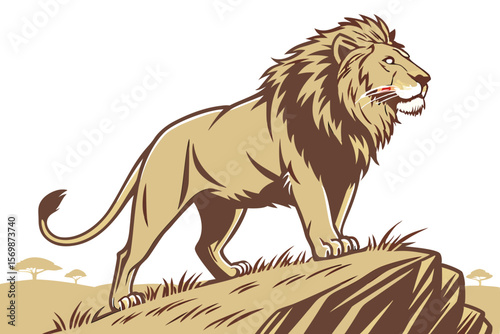 Lion standing on rocky outcrop in savanna landscape