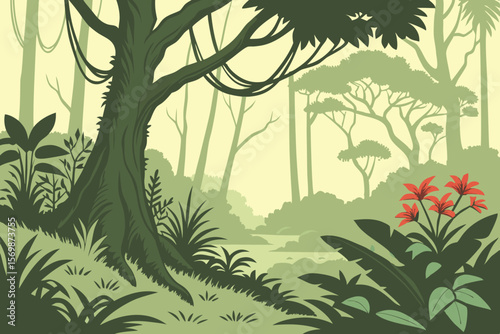 Lush jungle scene with large tree and red flowers forest