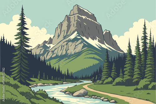 Majestic mountain peak with winding river and pine forest