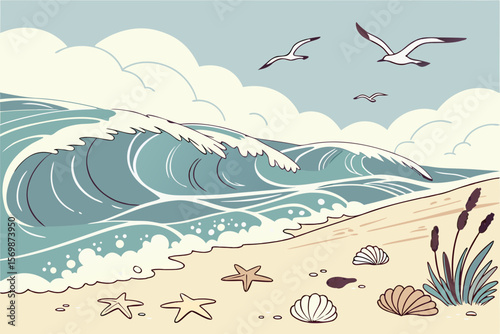 Stylized ocean waves crashing on a sandy beach with seagulls