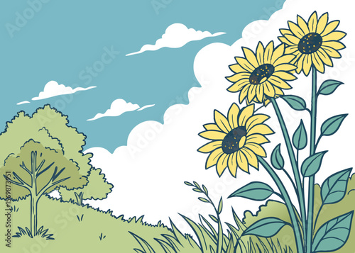 Three Sunflowers Under a Cloudy Sky yellow nature